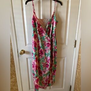 J Crew 100% cotton Floral Pink and Green Wrap Dress size 10
